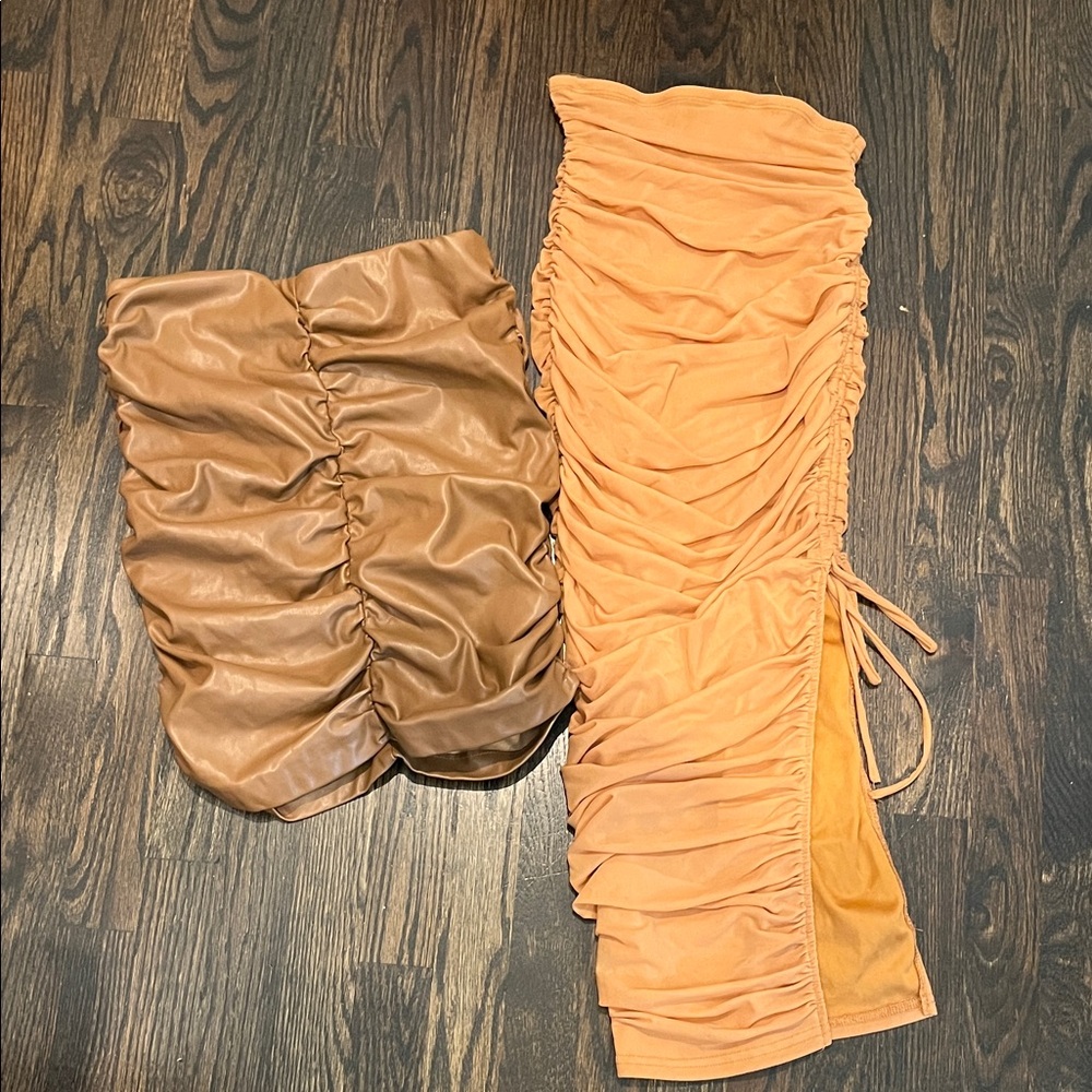 Skirt Bundle Promesa Ruched Brown Skirt & Tan Long Pencil Skirt Set